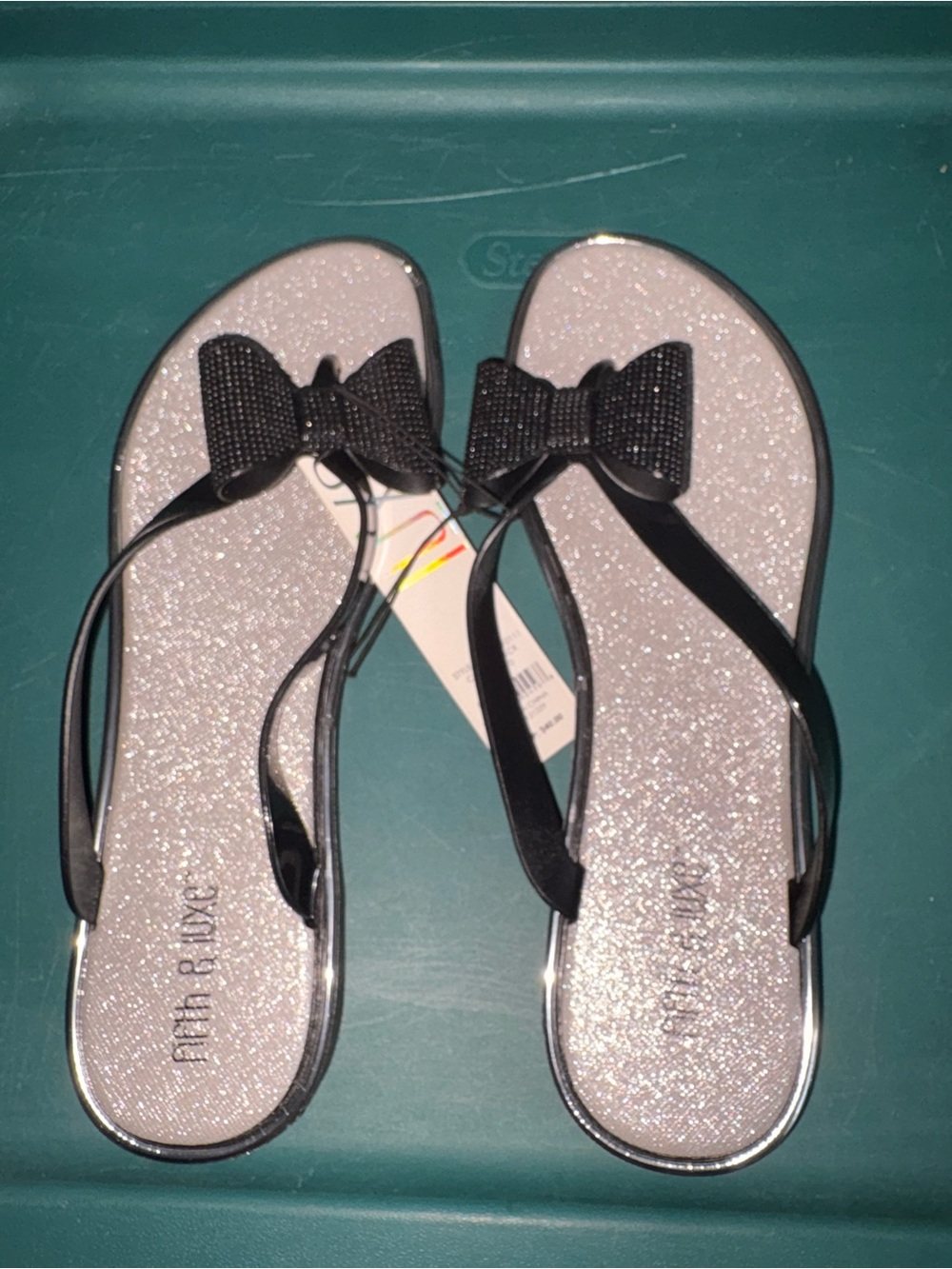 Black Bow Glitter Thong Sandals - Black